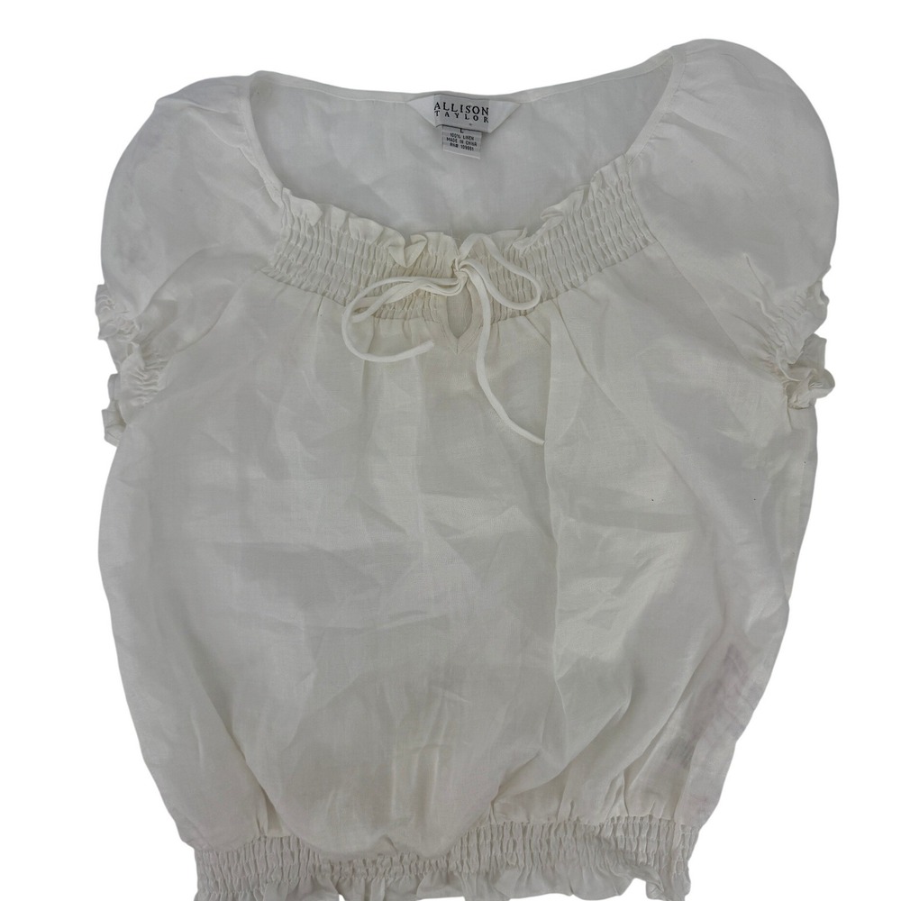Allison Taylor White 100% Linen Smocked Peasant‎ Blouse LRG Short Sleeve Cottage